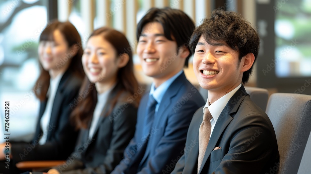 Smiling business professionals in formal attire posing for a group photo, representing a dynamic team ready to take on corporate challenges with confidence and camaraderie Smiling business professionals in formal attire posing for a group photo, representing a dynamic team ready to take on corporate challenges with confidence and camaraderie