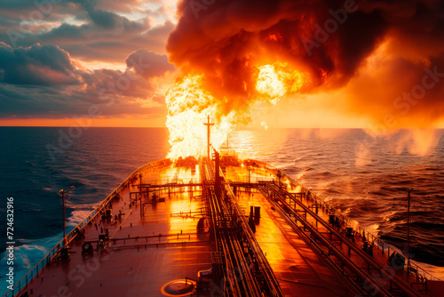 Fire on a cargo ship. A ship carrying crude oil is engulfed in flames.