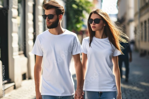 Two young man and woman, couple in sunglasses wearing white t-shirt and sunglasses walking in street. Tshirt mockup for design, Generative AI 