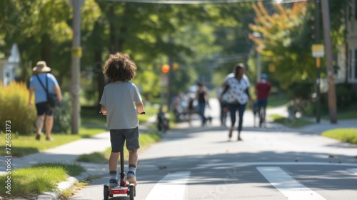Wallpaper Mural Young Child Riding Scooter on Sunny Suburban Street, Enjoying Childhood in a Safe Neighborhood Environment Torontodigital.ca