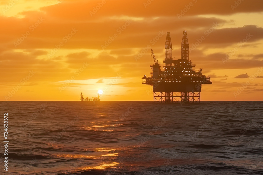 Oil rig in the ocean with a sunset in the background