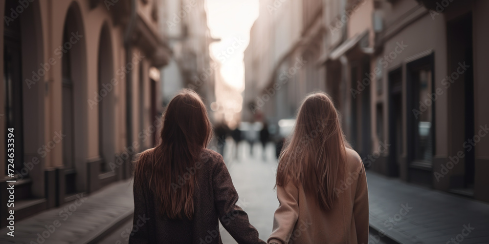 Young Lesbian Couple Walking Through The City And Holding Hands, Lgbt Concept