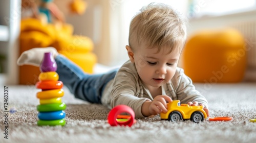 Adorable Toddler Playing with Colorful Toys on Carpet, Engaged in Creative Play and Early Learning