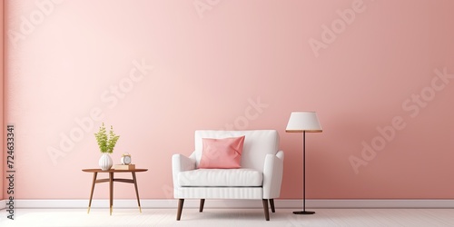 Minimalistic living room with a white armchair and pastel pink wall.