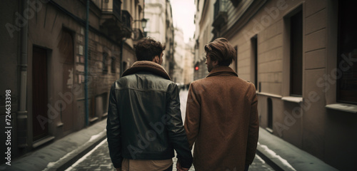Young Attractive Gay Man Couple Walking Through The City Holding Hands, Lgbt Concept © Ievgen Skrypko