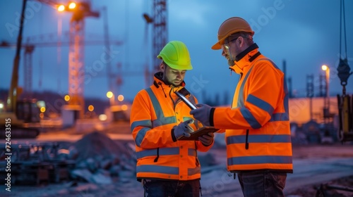 Construction Workers Reviewing Plans at Dusk, Focused Collaboration in Industrial Setting, Ideal for Business and Workforce Themes