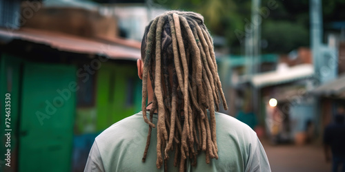 man's dreadlocks hair medium haircut back view on a street, generative AI photo