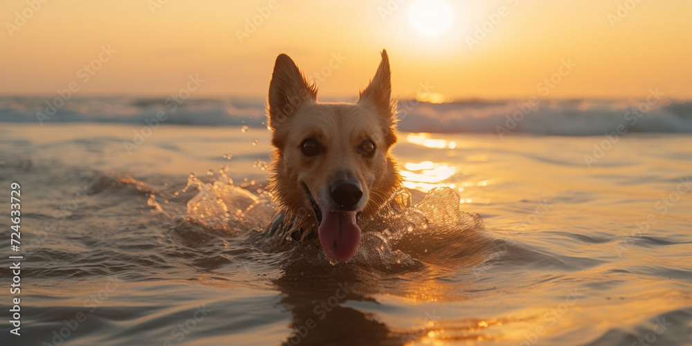 Dog swimming in ocean water enjoys sunset. Dog swimming in ocean water enjoys sunset.
