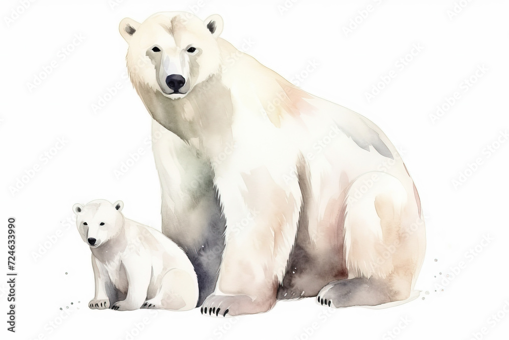 watercolor painting illustration of Wild white polar bear with cute little cub isolated on a white background , generative AI