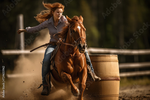 Cowgirl Rides On A Horse At Rancho, Rodeo Barrel Racing