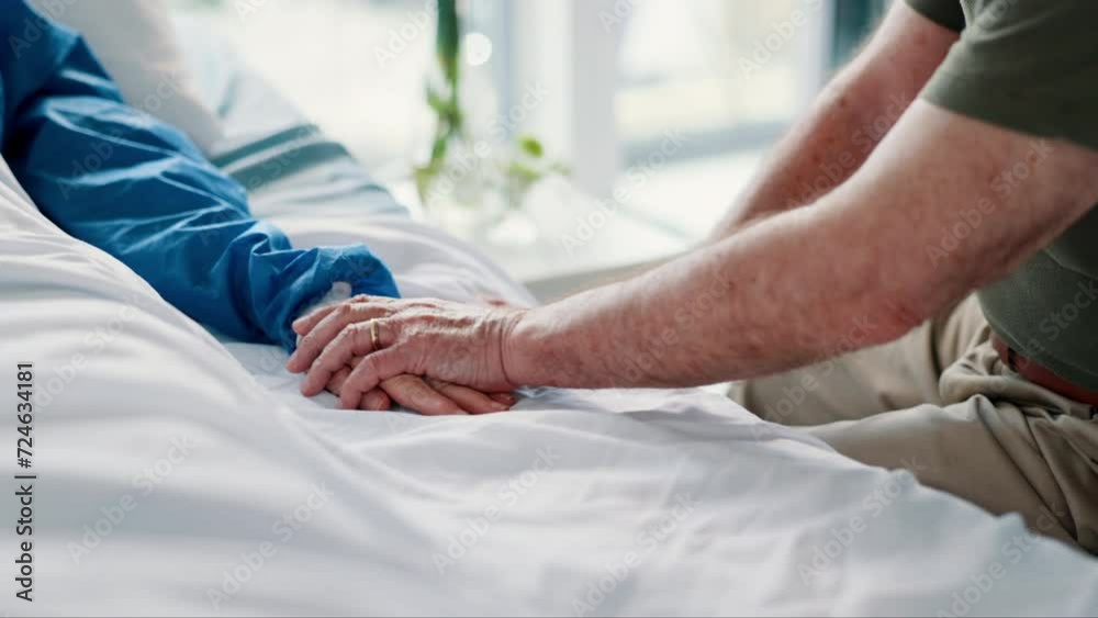 Patient, person and hand holding on hospital bed for empathy or support for health problem, diagnosis or virus. People, fingers and embrace for difficult news or marriage compassion, unity or love Patient, person and hand holding on hospital bed for empathy or support for health problem, diagnosis or virus. People, fingers and embrace for difficult news or marriage compassion, unity or love
