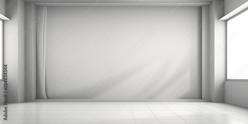 Empty gray studio room with abstract white background and blurred backdrop for product presentation, featuring window shadows.