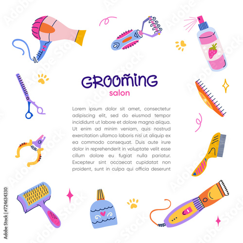 Pet grooming social media template. Instagram square post design with text space. Dog and cat grooming equipment. Stripping rake, hair clipper. Vector frame in flat vibrant style