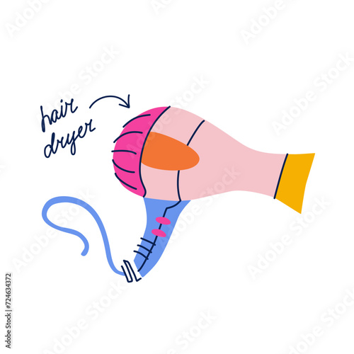 Hair dryer vector isolated clipart. Tool for hairdressers and pet groomers in flat trendy style. Blow dryer sticker with handwritten typography