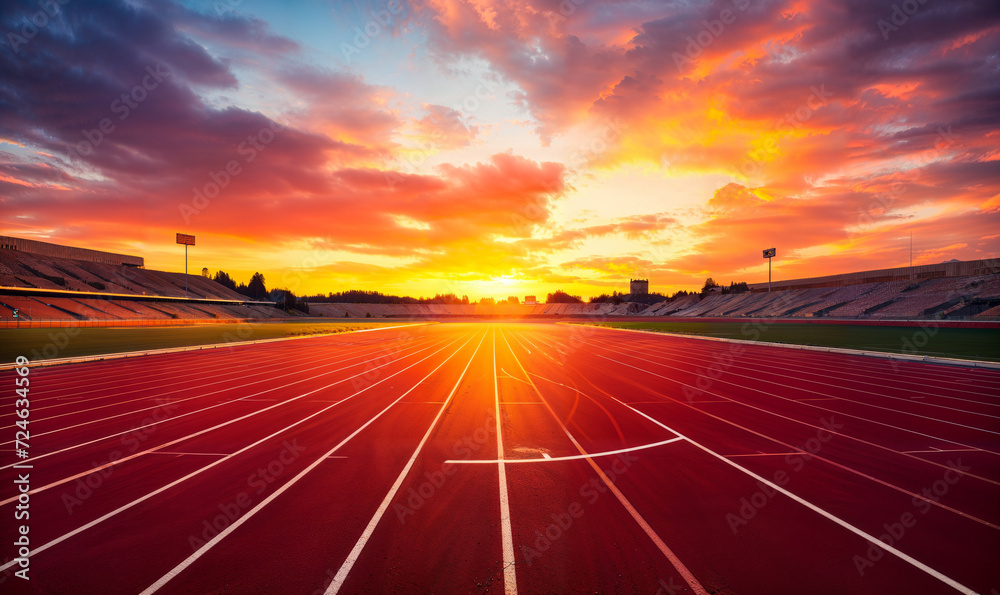 Empty Running Track in Stadium with Vibrant Sunset Sky, Inviting Atmosphere for Sports and Athletics - obrazy, fototapety, plakaty 