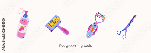 Vector cliparts set of pet grooming tools. Cologne spray, slicker brush, stripping rake and blending scissors. Equipment for professional groomers in flat trendy colorful style