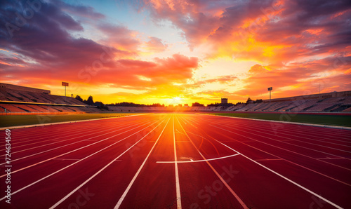 Empty Running Track in Stadium with Vibrant Sunset Sky  Inviting Atmosphere for Sports and Athletics