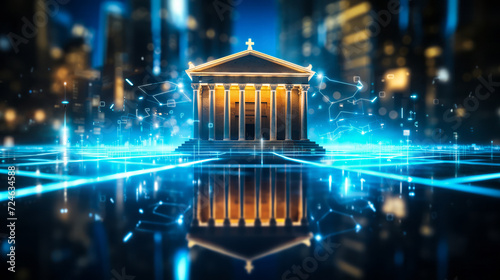 Conceptual digital transformation of banking and financial services with a neoclassical bank building in a high-tech, neon-lit virtual cityscape symbolizing fintech photo