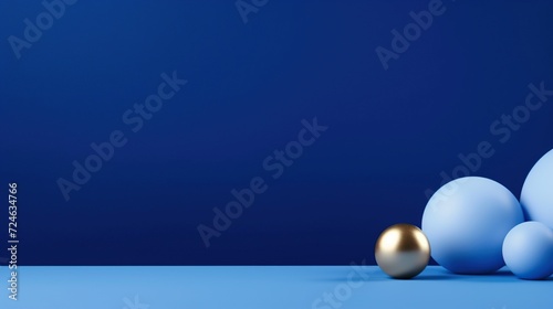 A minimalist composition of spheres in shades of blue with a single golden sphere, conveying concepts of uniqueness, harmony, and simplicity. Ideal for corporate backgrounds, design elements