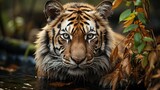 The close-up of a tiger, with piercing eyes and detailed fur, captures the essence of wildlife. Suitable for nature themes, conservation efforts, or as a powerful visual metaphor in editorial content.