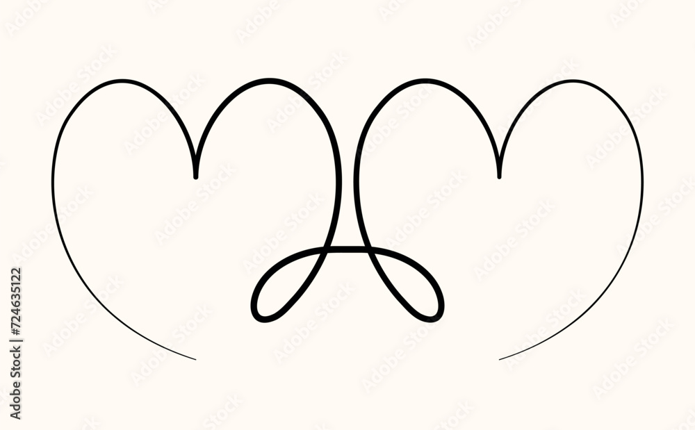 Two graceful hearts from a single line. Love symbol drawing, isolated linear heart in old fashion, vintage motif. Simple design element for brand sign, decor, etc. Black and white vector illustration. Two graceful hearts from a single line. Love symbol drawing, isolated linear heart in old fashion, vintage motif. Simple design element for brand sign, decor, etc. Black and white vector illustration.