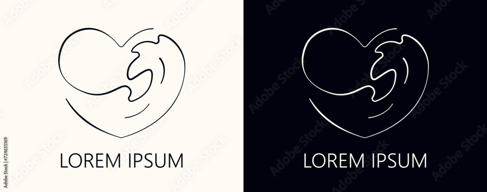 Single line heart with a sea wave inside. Linear sign of a heart with splashing waves, a symbol of love for the sea, ocean. Isolated design element for icon, logo, emblem, etc. Vector illustration.