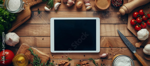 Top view food ingredients and digital tablet with blank screen on the wooden table. Template editable screen recipe. photo