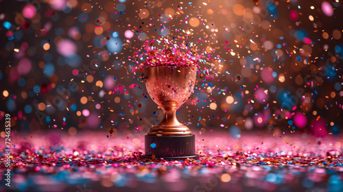 Golden trophy amidst a sea of colorful confetti, symbolizing victory and celebration photo