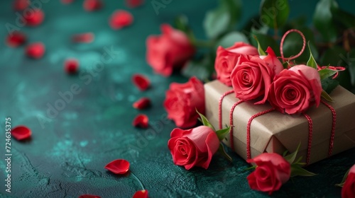 Luxury Gift Box with Roses on a Green Background