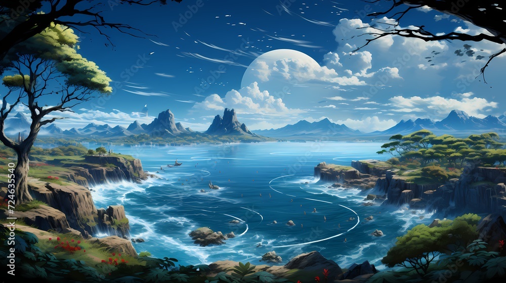 A panoramic view of a pristine cobalt blue ocean, with a distant island adding a touch of mystery