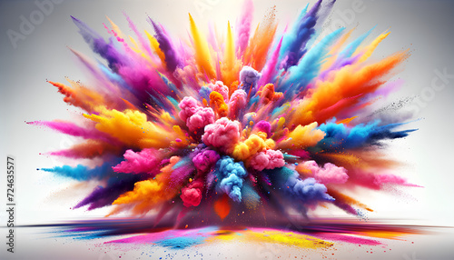 Explosion of vibrant and colorful powder. The colors are blending and spreading out dynamically