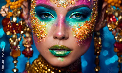 Woman face with beautiful shiny makeup. Selective focus.