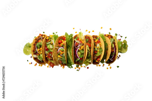 A pointillist composition of plant-based tacos, the meticulous dots forming a visually rich and textured image, transparent background Png. Ai generated © Kiron