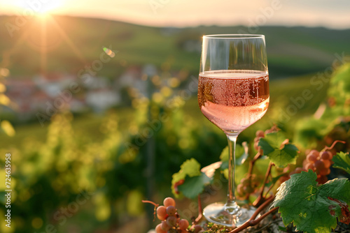 Rose wine glass on a vineyard ledge overlooking rows of grapevines