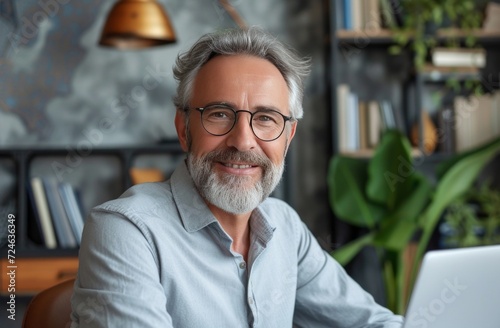 middle aged guy showing his face with laptop and smiling