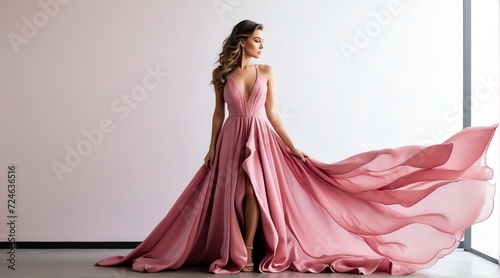 Beautiful woman on pink long evening gown dress on white background from Generative AI