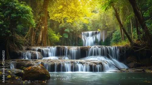 Panoramic beautiful deep forest waterfall in Thailand