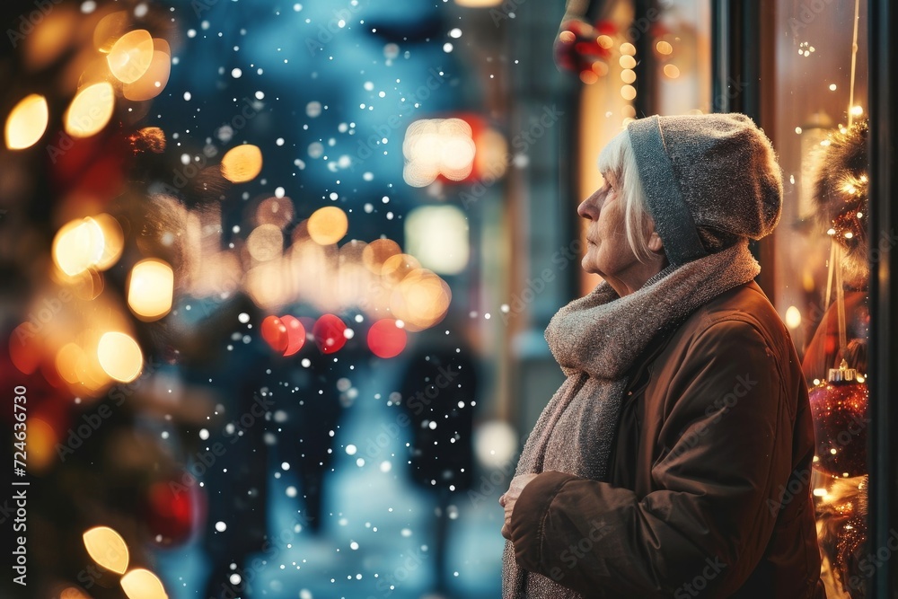 Solitude, loneliness during Christmas. Elderly woman standing alone on city street, looking to festive store showcase. Woman feels lonely celebrating Christmas holiday without family, Generative AI 