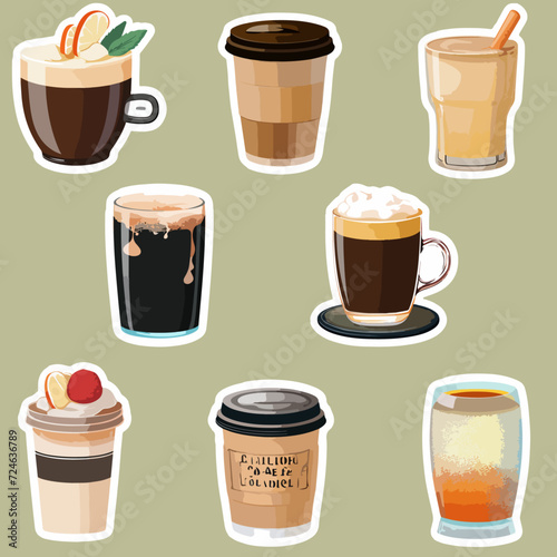 a set of beverages stickers isolate generate AI