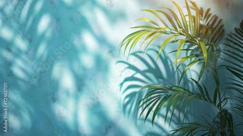 light blue wall and blurred shadow from palm leaves