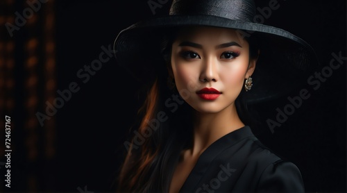 Portrait of a beautiful elegant asian woman wearing luxurious black hat on black background from Generative AI