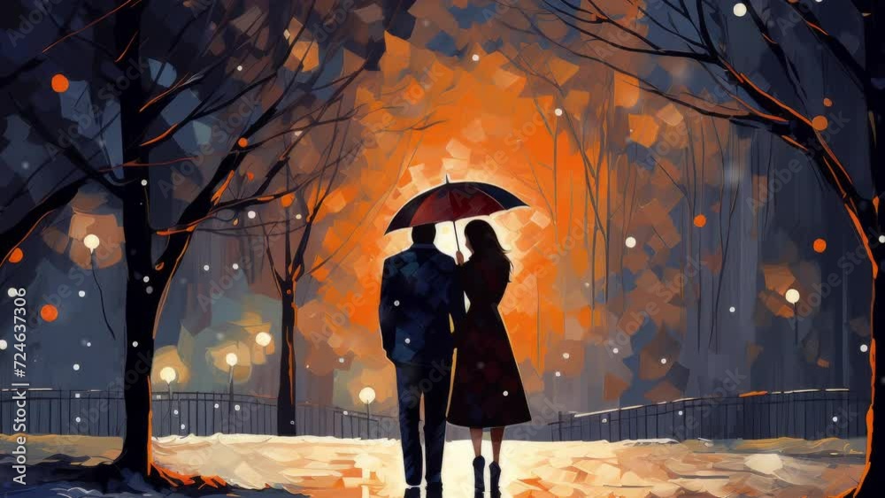 Romantic Examples Romantic painting example Couple in love strolls beneath a shimmering ...