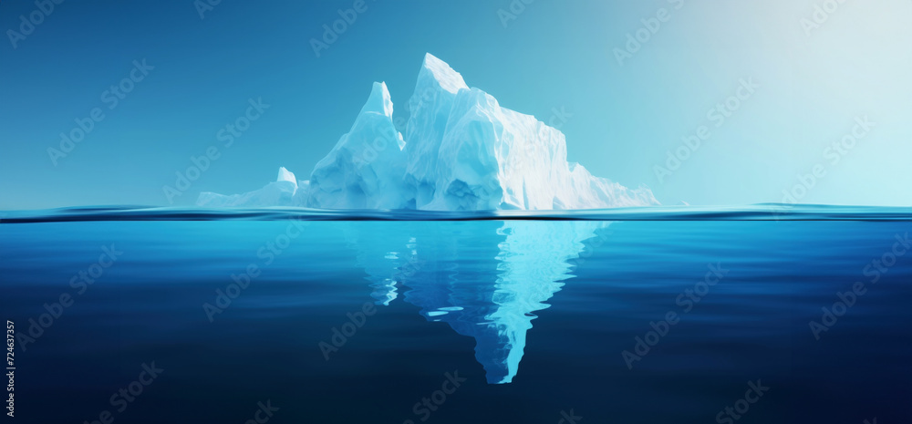 White Iceberg floating in clear blue water sea, under and above water view. Global Warming Concept. Generative AI White Iceberg floating in clear blue water sea, under and above water view. Global Warming Concept. Generative AI