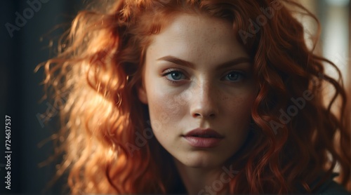 Portrait of a beautiful young red head woman staring at the camera from Generative AI