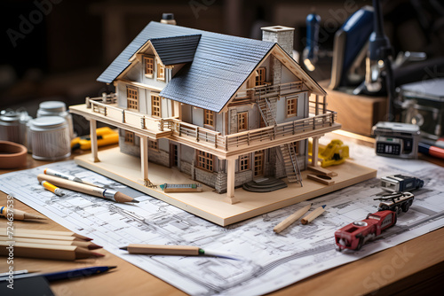 A wooden model house is on the table