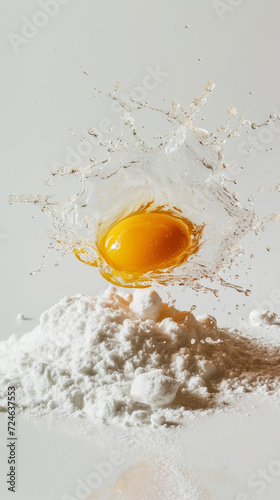 Splashing of egg yolk, flour and milk against light background. Cooking concept. Aesthetic kitchen style. Generative AI