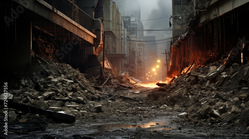 The Gloomy Aftermath of an Urban Calamity with Ruined Structures and a Fire Glow, Symbolizing Despair and Destruction