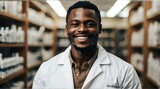 Portrait of smiling happy black african male pharmacist on a drug store background from Generative AI