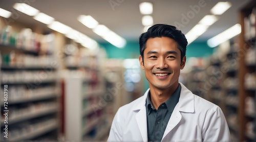 Portrait of smiling happy asian male pharmacist on a drug store background from Generative AI