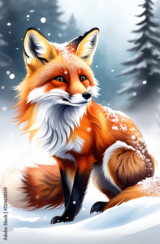 Fototapeta premium Close-up of a beautiful red fox against the backdrop of a snowy winter forest with a bushy tail. Wild forest animals. Watercolour style.